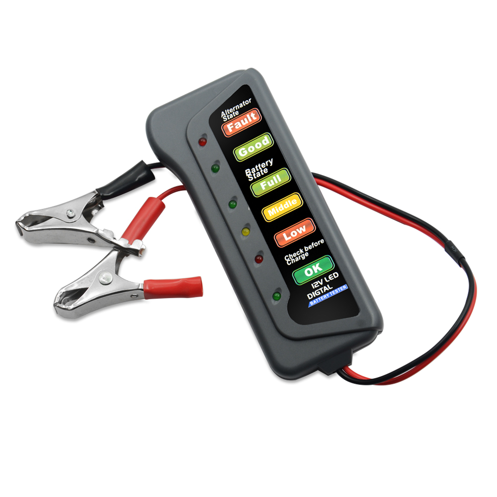 12v digitale accutesters met 6 led-displaylampjes, accutesters met remvloeistofmeter voor auto's en motoren.
