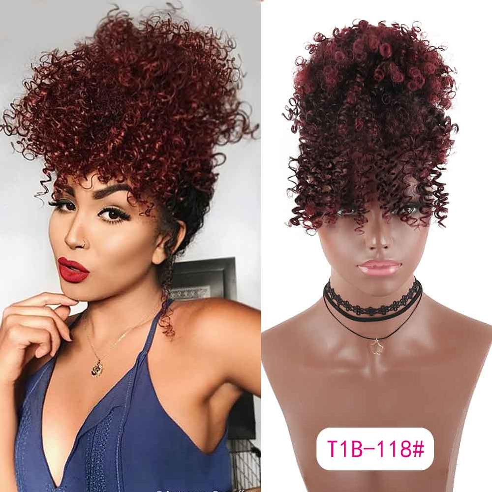Hestehale puffeklip med højt hår i hårstykke afro kinky krøllet syntetisk snørehestehale med pandehår extensions