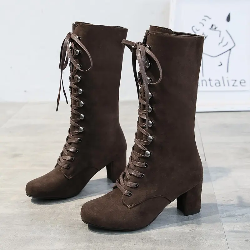 Kniehohe Stiefel Winter Frauen Schuhe Reißverschluss Hohe Ferse Hohe Stiefel NäHenne Starke Ferse Damen Stiefel Neue Schwarz