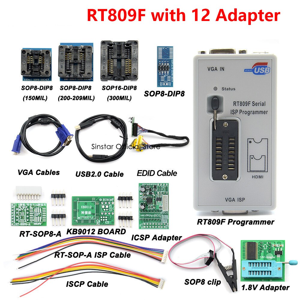 Newest RT809F ISP Programmer/ RT809 lcd usb programmer Repair Tools 24-25-93 serise IC with 12 adapters