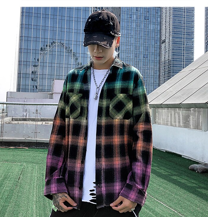 Gradient Rainbow Color Plaid Cotton Shirts Streetwear Casual Style Autumn Long Sleeve Blouses Shirts Men Women Tops