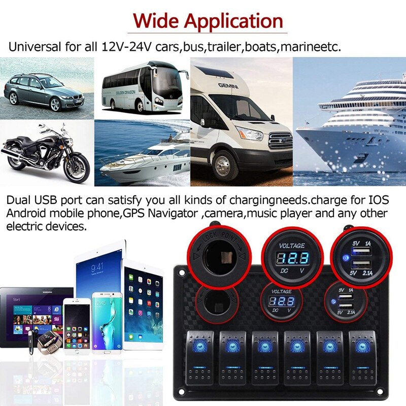 6 Gang Waterproof Marine Boat Rocker Switch Panel with LED Backlight for Car SUV Marine RV Truck Camper Boat