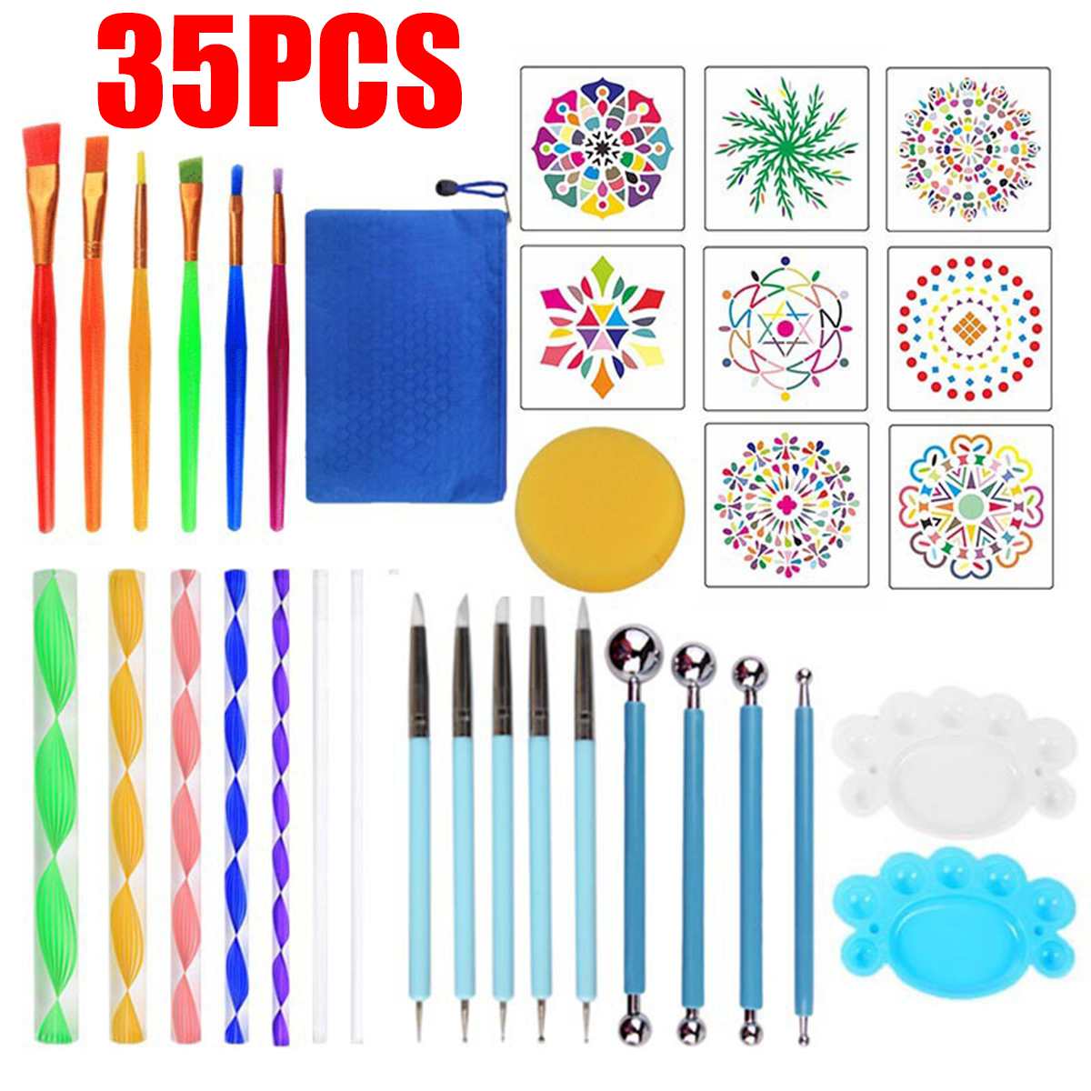35pcs Multifunction Mandala Dotting Tools Set Brushes Paint Tray for Painting Rocks Pottery Embossing Dot Kit Dotting Tool Set
