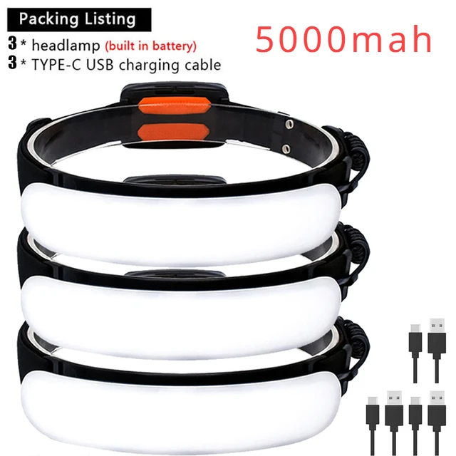Potente linterna frontal LED COB, linterna frontal recargable por USB con batería integrada de 5000Mah, linterna para acampar y pescar: Rojo