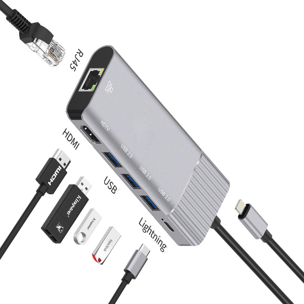 6 In 1 Docking Station 3 Poorten Lightning Naar RJ45 Netwerkkaart/Hdmi USB2.0hub/Multifunctionele Docking station Voor Iphone R57