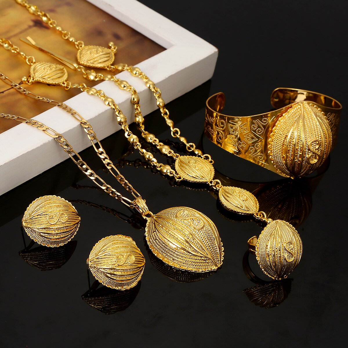 Äthiopischen modisch Halskette Stirn Kette Ohrringe Armreif Haarnadel Ring Habesha Hochzeit Schmuck setzt