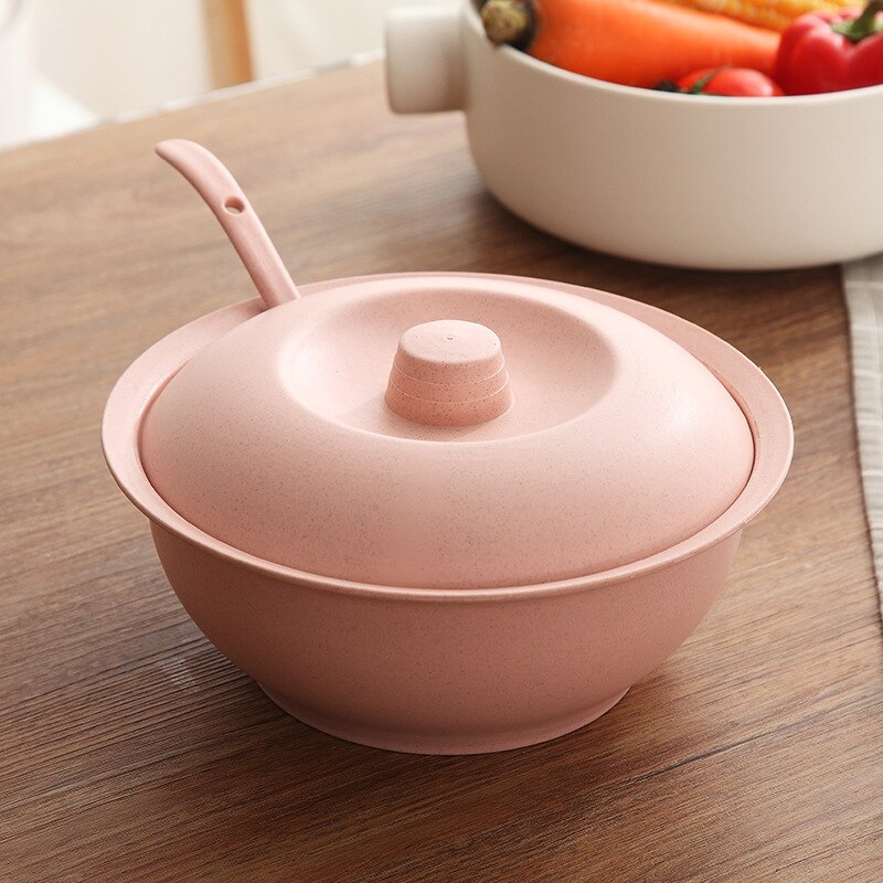 Wheat Straw Soup Bowl Set Household Anti-fall Big Soup Bowl with Lid + Spoon Soup Pot Set Household Kitchen Supplies: Pink