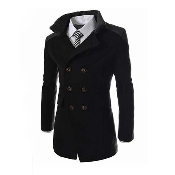 England Style Male Brand Clothing Turn Down Collar Wool Blend Coat Mens Double Breasted Thick Coat Overcoats: Black / XXL