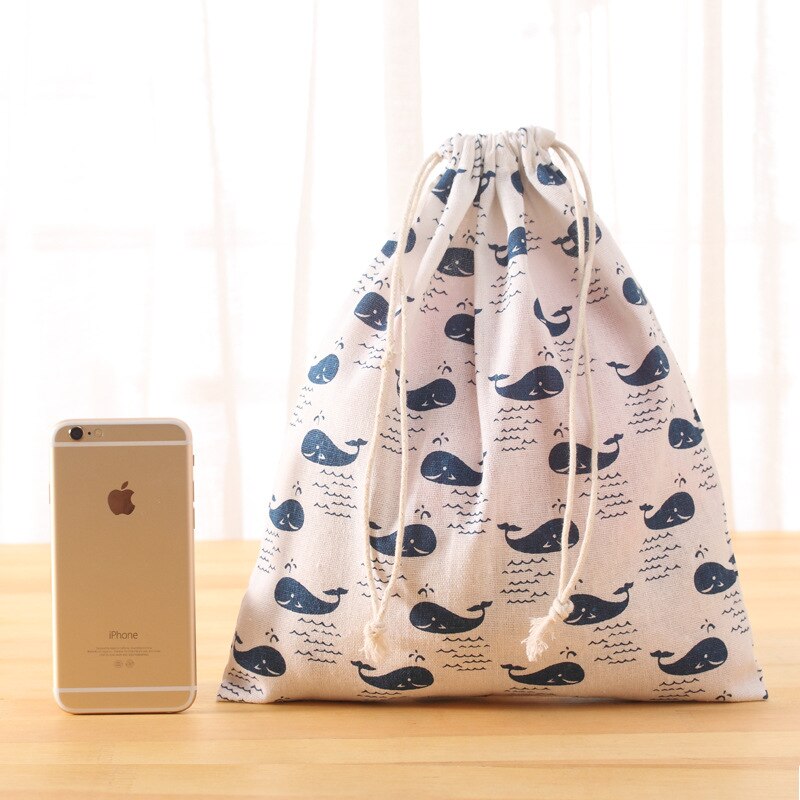 Handmade Cotton Linen Women Drawstring Bags Casual Cartoon Print Travel Home Storage Bag Environmental Reusable Fabric Pouch Bag