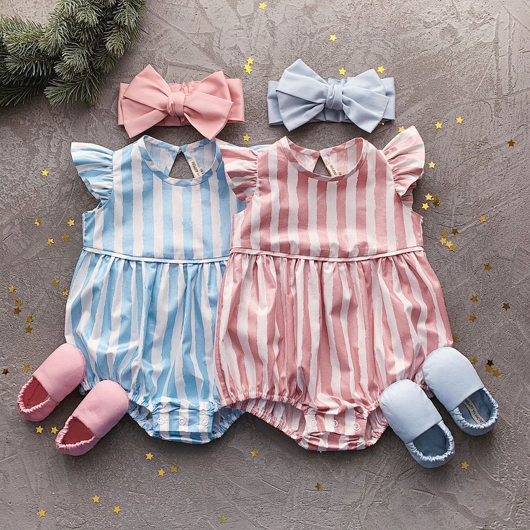 Een Stuk Rompertjes Kinderen Baby Meisjes Jongens Gestreepte Print Outfits 0-18M Ruches Korte Mouwen Mooie Jumpsuits 2 kleuren