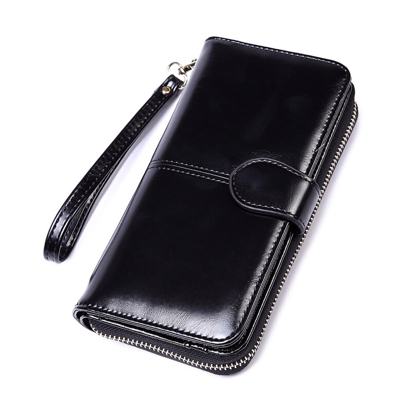 Women Oil Wax Leather Wallet Female Purses Big Capacity Zipper Purse Ladies Long Wristlet Clutch Coin Card Holder Wallet