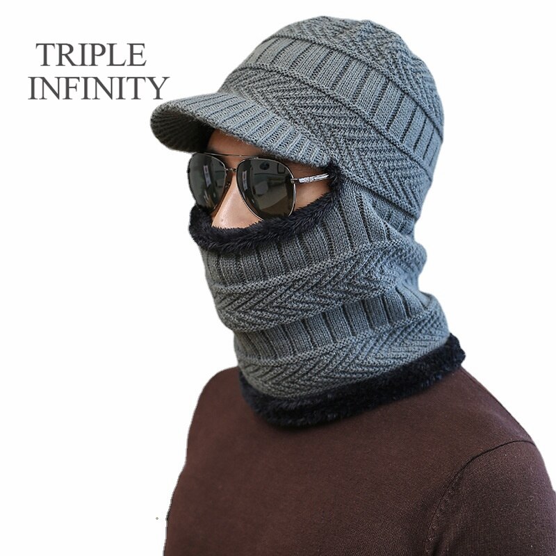 TRIPLE INFINITY Brand Skullies Beanies Winter Knitted Hat Cap Elastic Thick Skin-friendly Warm Ear Protection Bonnet Men's Hats: Hat And Scarf B