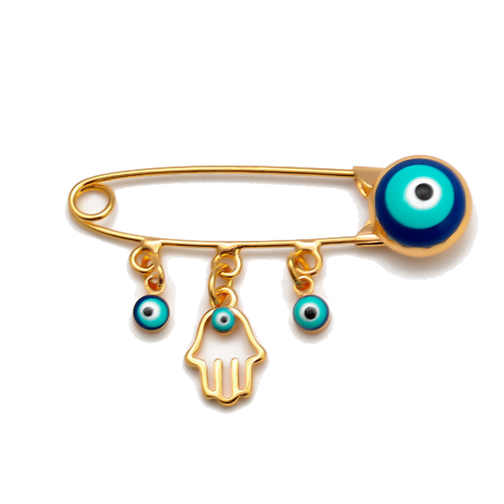 Lucky Eye Oil Blue Turkish Evil Eye Safety Pin Fatima Hamsa Hand Round Charm Brooch Pin for Women Men Jewelry: Light Yellow Color
