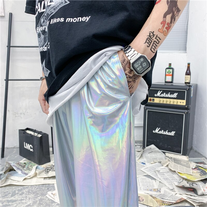 M-XXL moda solta ajuste calças punk estilo prata couro streetwear dança clube noturno gótico legal hip hop calças para homem xxl
