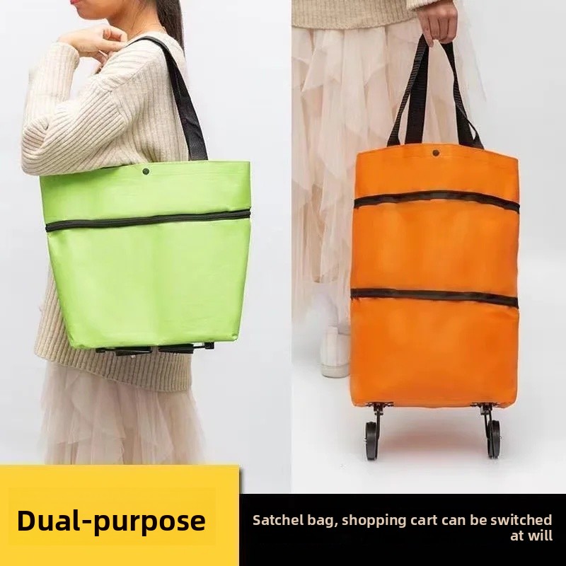 Shopping Bag with Wheels Foldable Hand Pull Extendable Vegetable Buying Car Casual Polyester Fiber Home Use Logo Addable: Orange