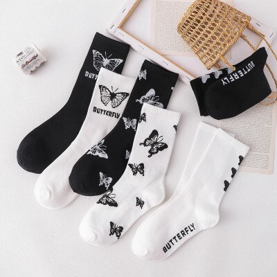 Black Butterfly Socks Women Streetwear Harajuku Crew Women Socks Hip-Hop Skateboard Socks For Women Men