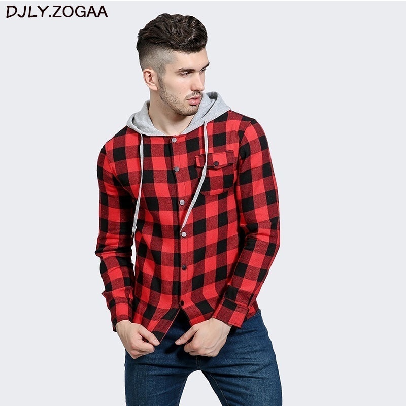 Camisas casuales a cuadros para hombre, camisas ajustadas de manga larga con capucha, estilos de algodón ajustados, ropa de marca para hombre, tops a cuadros cálidos de otoño de talla grande.