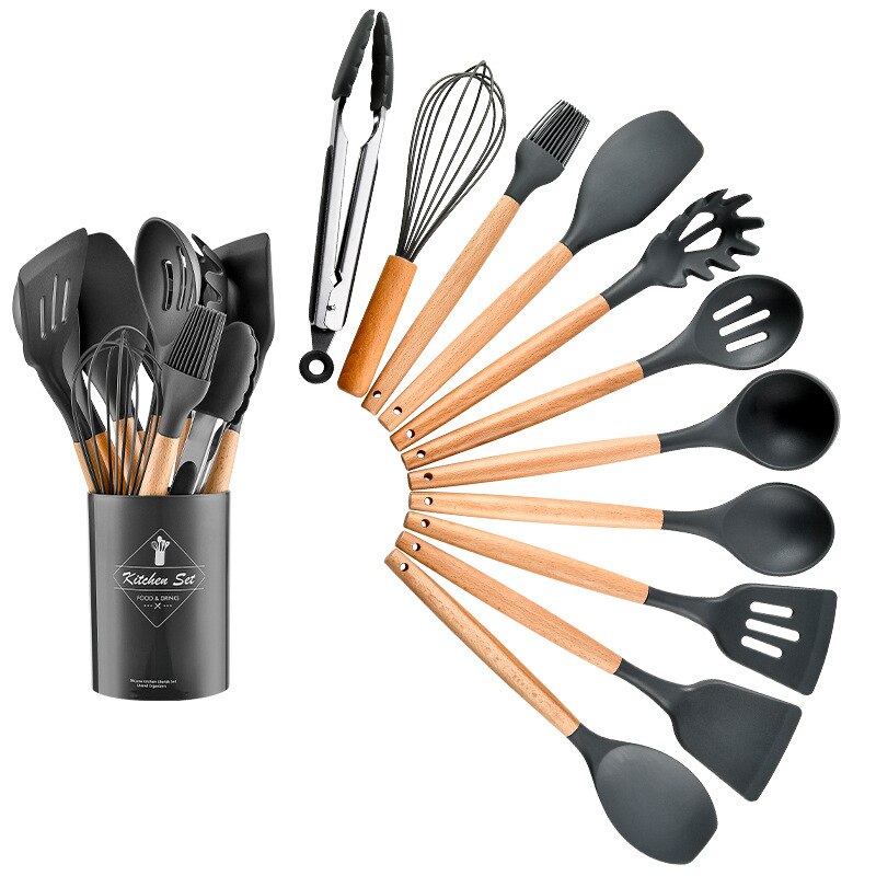 Juego de Utensilios de Silicona para la Cocina, Instrumentos para Cocinar, Espátula y Pala Antiadherente, Accesorio con Mango de Madera, con Recipiente de Almacenamiento: Grey
