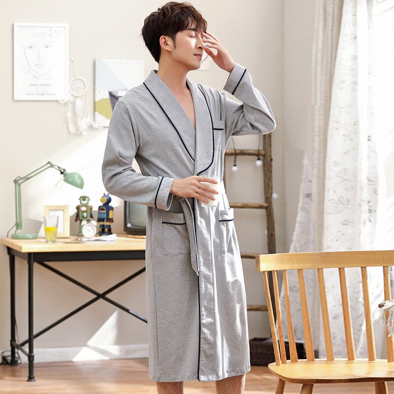 Albornoz de talla grande para hombre, ropa de dormir Kimono con cinturón, bata de manga larga, Color gris, para primavera y M-XXXL