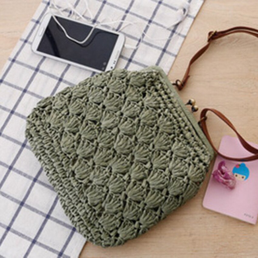 College wind vintage brass buckle shoulder woven bag shell crochet messenger straw bag travel leisure beach bag