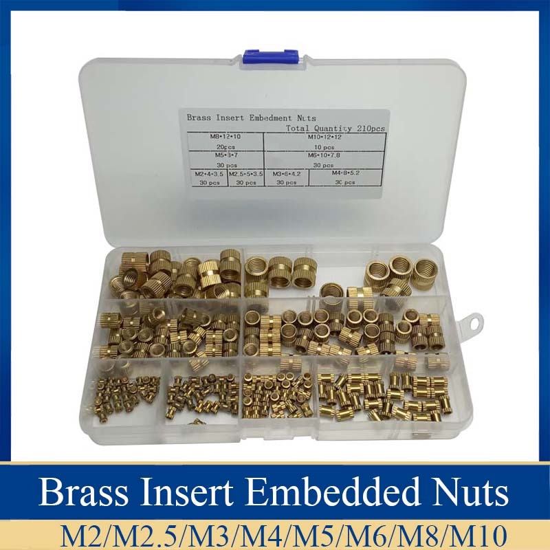 210pcs/set Brass Cylinder Knurled Threaded Round Insert Embedded Nuts Kit with Plastic Box