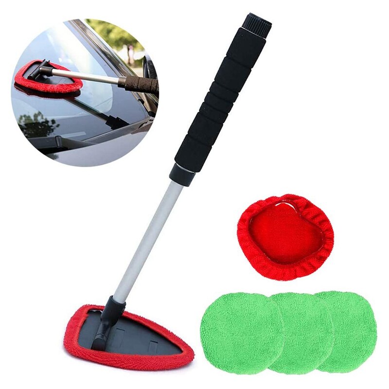 Windshield Window Cleaner Tool, Extendable Long-Reach Handle, 5 Washable Reusable Bonnets
