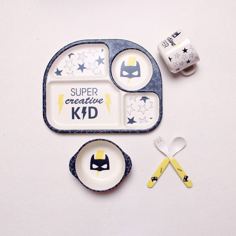5 stuks babyservies van bamboevezel, babybord, kinderen, cartoon, scheidingsbord, kom, vork, lepel, beker, voedingsbenodigdheden: 004