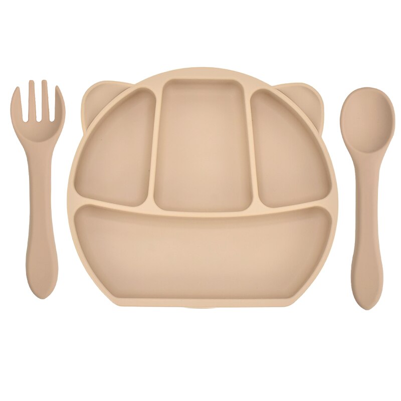 Baby Feeding Plate Food Grade Silicone Animal Type Suction Baby Plate BPA Free Waterproof Kid Tableware Plate Children Dishes: 1set Khaki