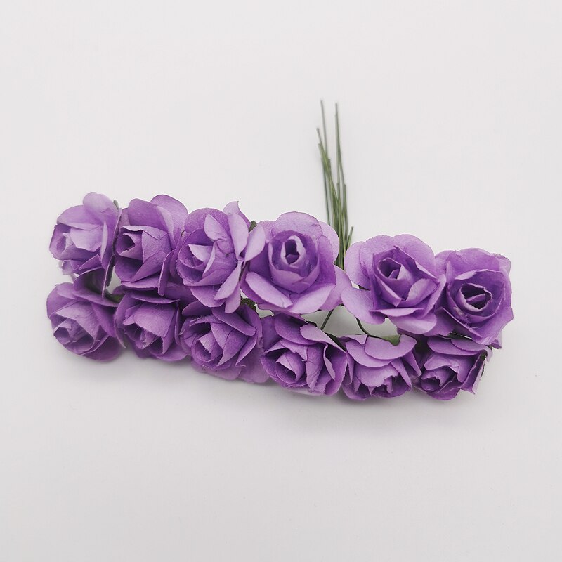 12 stk mini blomsterhode kunstig papir blomster rose brukt til bryllupsfest håndverk dekorasjon 19 farger: Lys lilla