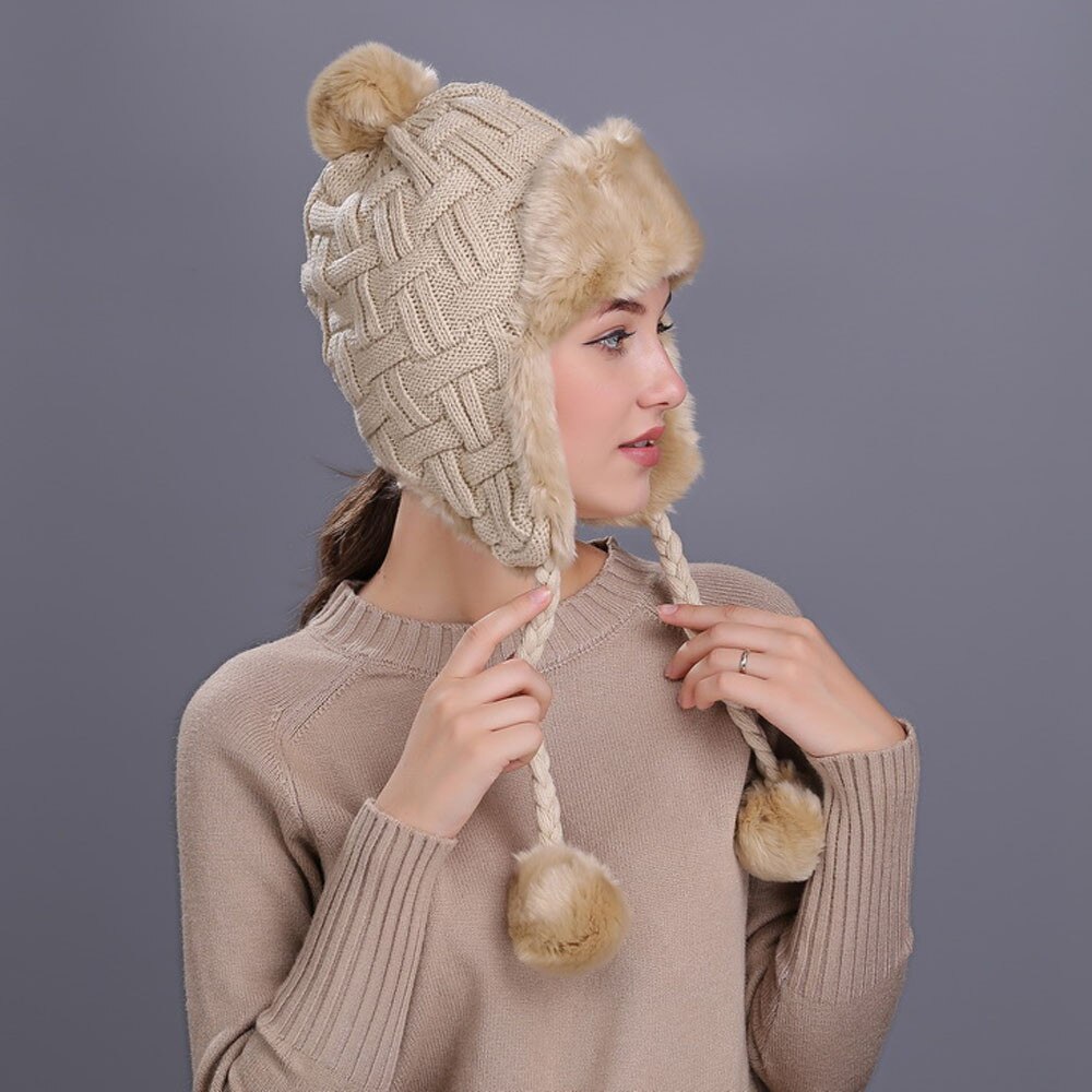 Warm Women Winter Hat With Ear Flaps Snow Ski Thick Knit Wool Beanie Cap Hat Keep Warm Solid Color Leisure Hats #T2G