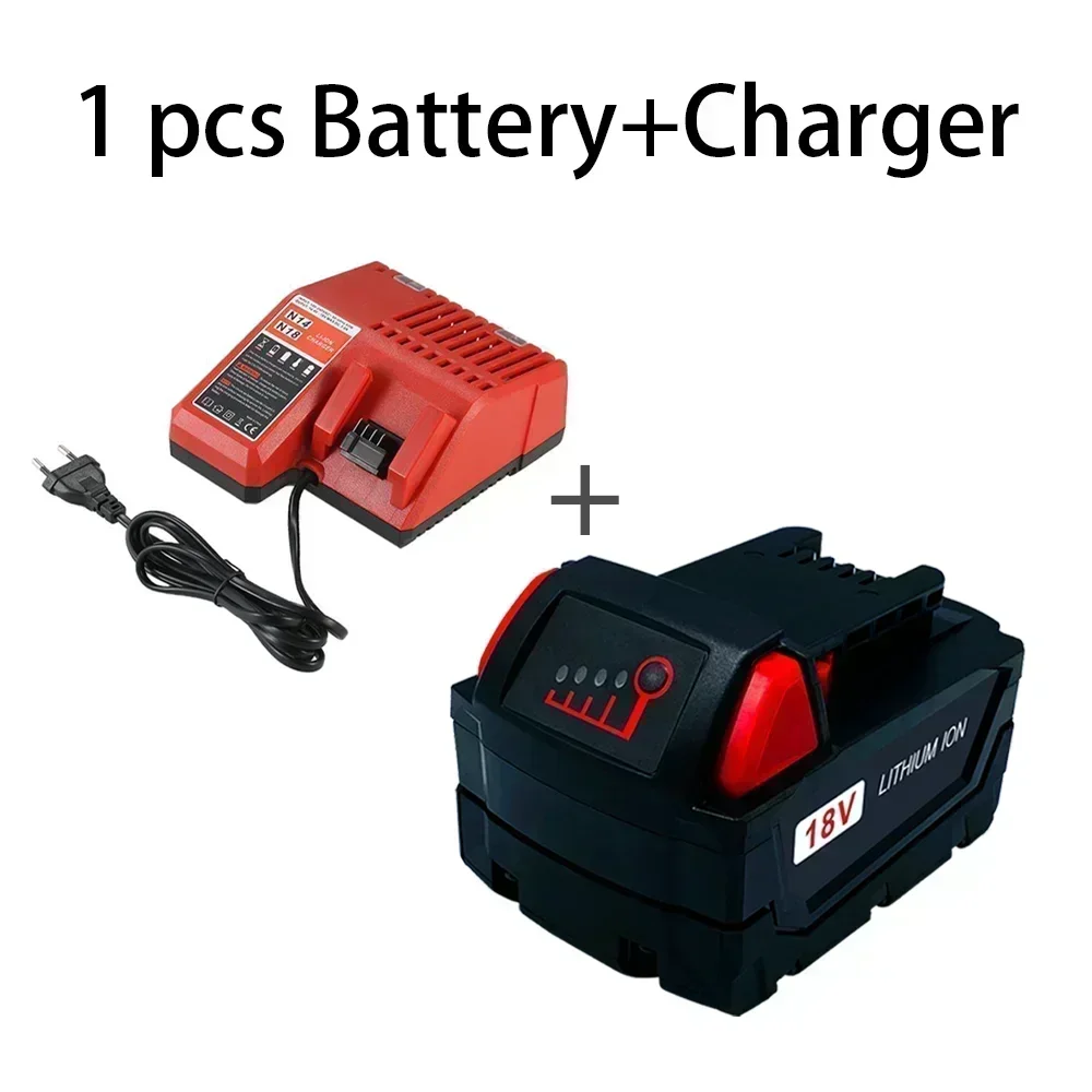 For Milwaukee M18 Power Tool Battery, Charger, BR, XC, 18V, 12800mAh M18B5, 48-11-1860, Built-in 18650 Battery: Red