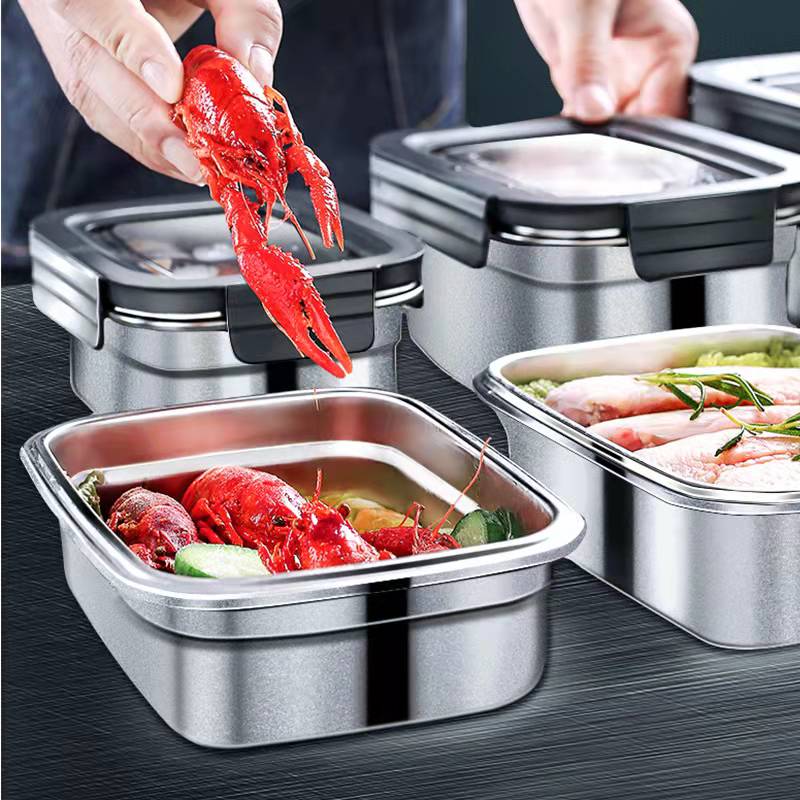 304 Stainless Steel Food Preservation Box Refrigerator Crisper Set Fruit Sealed Box Lunch Box Table Freezer Box Tableware