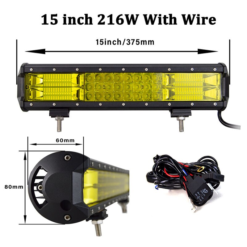 Willpower 20 22 inch Yellow Led 4x4 Offroad Light Bar 324W for 4WD Truck SUV ATV Trailer Beam Amber Work Driving Lights Fog Lamp: 15 inch with wire