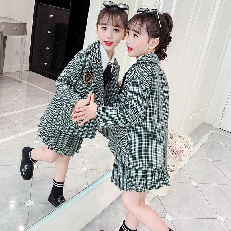 Girls Spring Jk Uniform Suit Set Students College Style Children Suit Jacket Pleated Skirt 2pcs Clothing Set Kids Party Costume