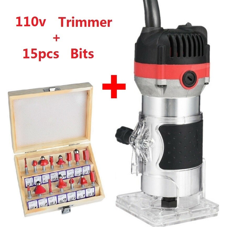 800W 30000Rpm Houtbewerking Elektrische Trimmer Hout Frezen Graveren Steken Trimmen Machine Hand Carving Machine Hout Router: 110V and 15pcs bits