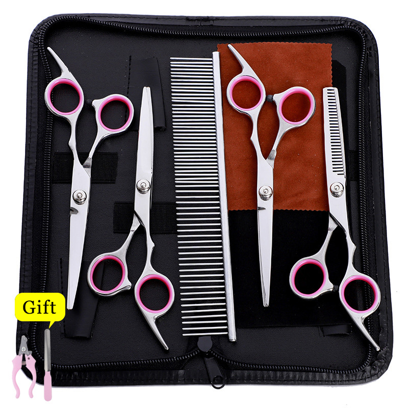 Pet scissors Straight &Thinning & Curved scissors 3pcs set +comb for dog grooming dogs shears hair cutter 7.0 inch: Pink-x5