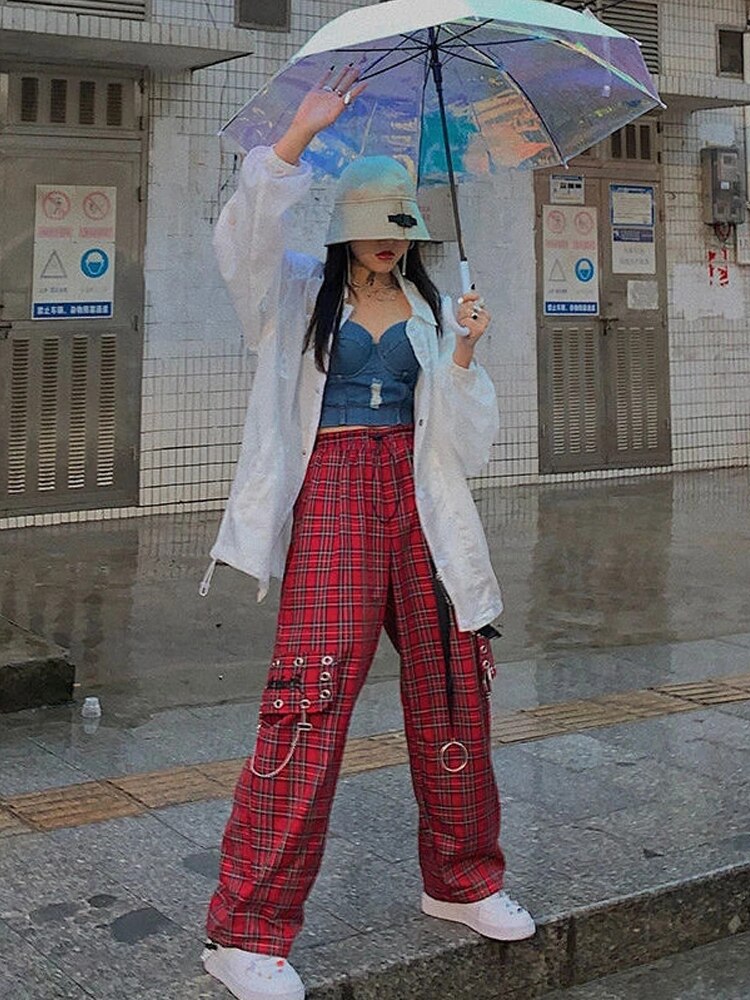 Houzhou punk kedja cargo byxor kvinnor harajuku goth pläd rutiga byxor kvinnlig streetwear estetisk hip hop egirl grunge emo