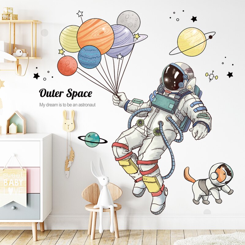 3D Astronaut Removable Wall Stickers Spaceship Space Planet Balloon Decal for Kid's Room Cartoon Kindergarten Sticker