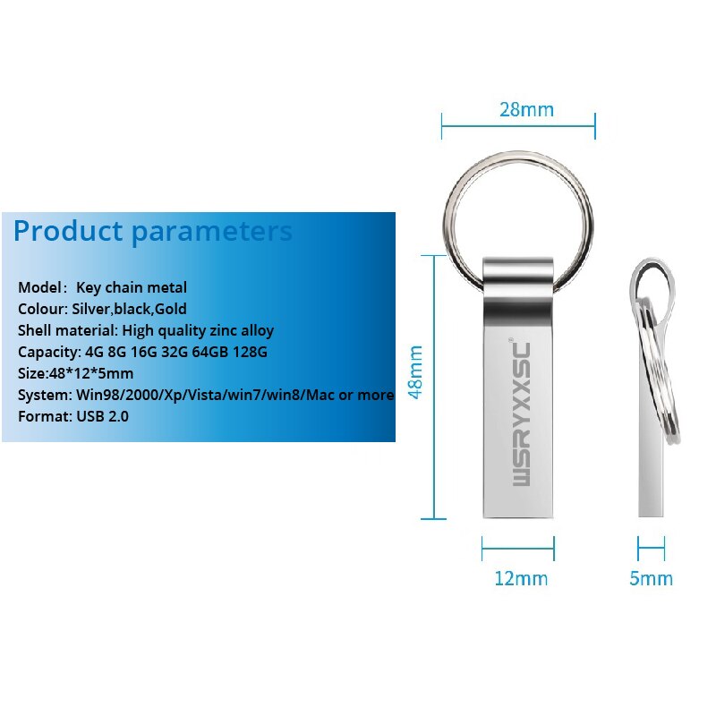 Wsryxxsc Sleutelhanger Usb Flash Drive Waterdicht Metalen Flash Drive 64Gb 32Gb 16Gb 8Gb 4Gb hoge Snelheid Usb Flash Met Adapter