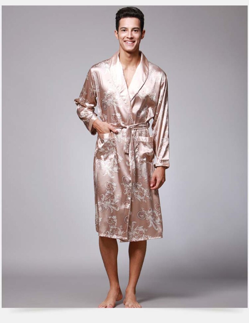 Langærmet pyjamas kimono herre халат badekåber silke pyjamas herre afslappet lange morgenkåber morgenkjoler badekåbe hjemmetøj: Beige / Xxxl