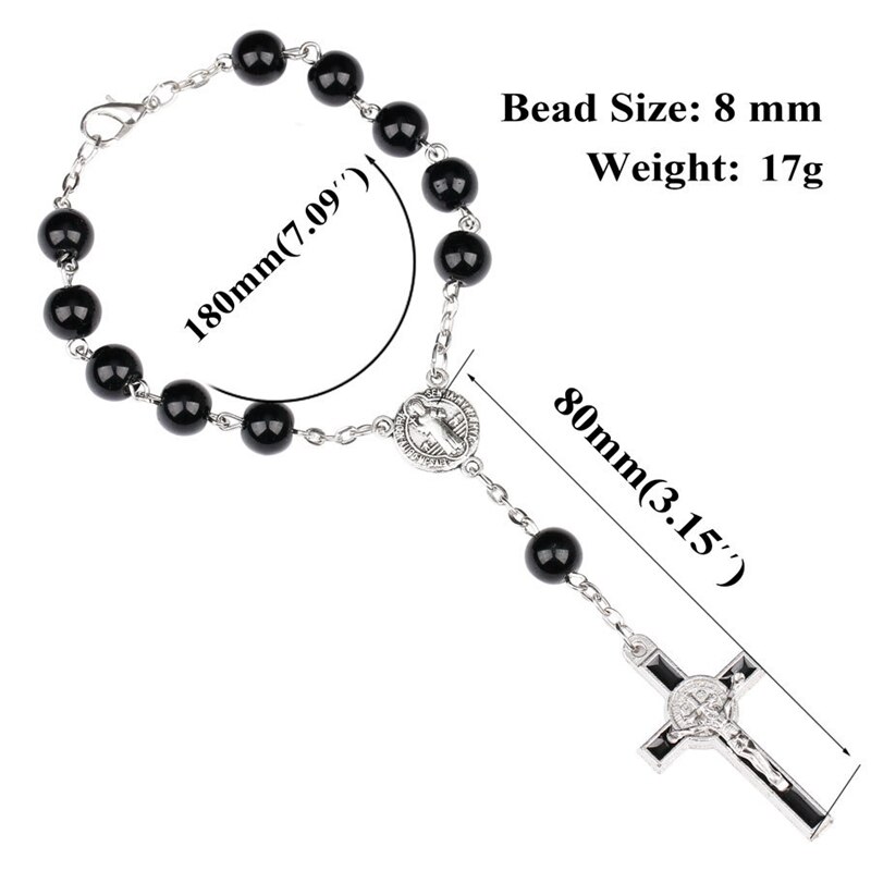 Pulsera de esmalte con cruz de Jesús para hombres, brazalete de cuentas negras con conectores de San Benito, para de Navidad