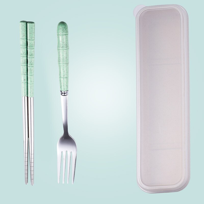 Tragbares edelstahl-essgeschirr-einstellen aus weizenstroh, essstäbchen, löffel und gabel, geschirr für kinderküchen-essgeschirr-einstellen: Grün -2 stück 2