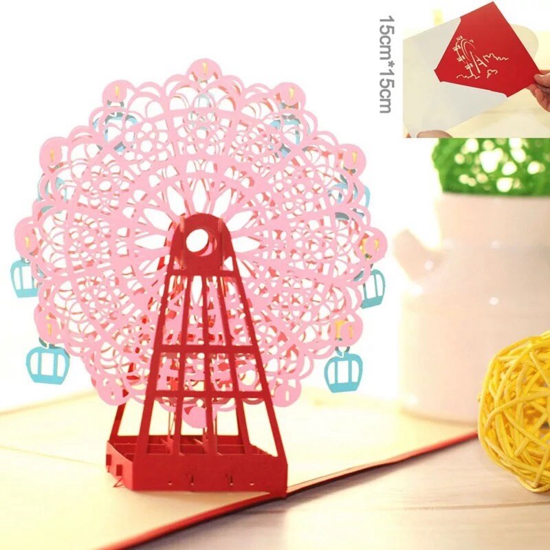 3D Pop-Up Cards Flowers Birthday Card Anniversary Postcard Ferris wheel party Wedding Invitations Greeting Cards: Pink
