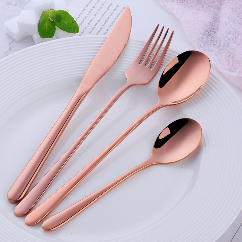 Juego de cubiertos dorados de acero inoxidable, juego de cena portátil, tenedor, cuchillos, cucharas, vajilla occidental, vajilla negra para en casa, 4 Uds.: Rose Gold