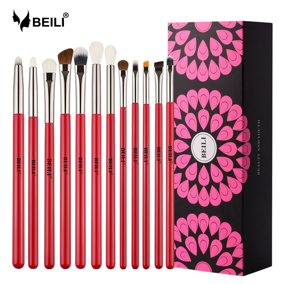 BEILI-brochas de maquillaje de ojos, Set de maquillaje de ojos de pelo de cabra Natural rojo con esponja cosmética para base de maquillaje en polvo sombra de ojos mezcla caja: H2