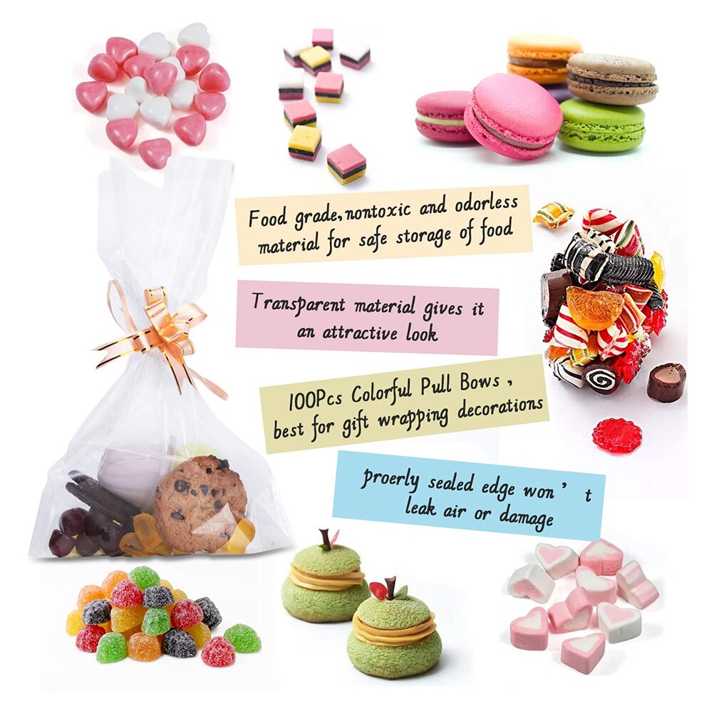 100pcs Clear Cellophane Treat Bags Clear Resealable Sweet Party Bags Plastic Bag for Candy Cookie Chocolates