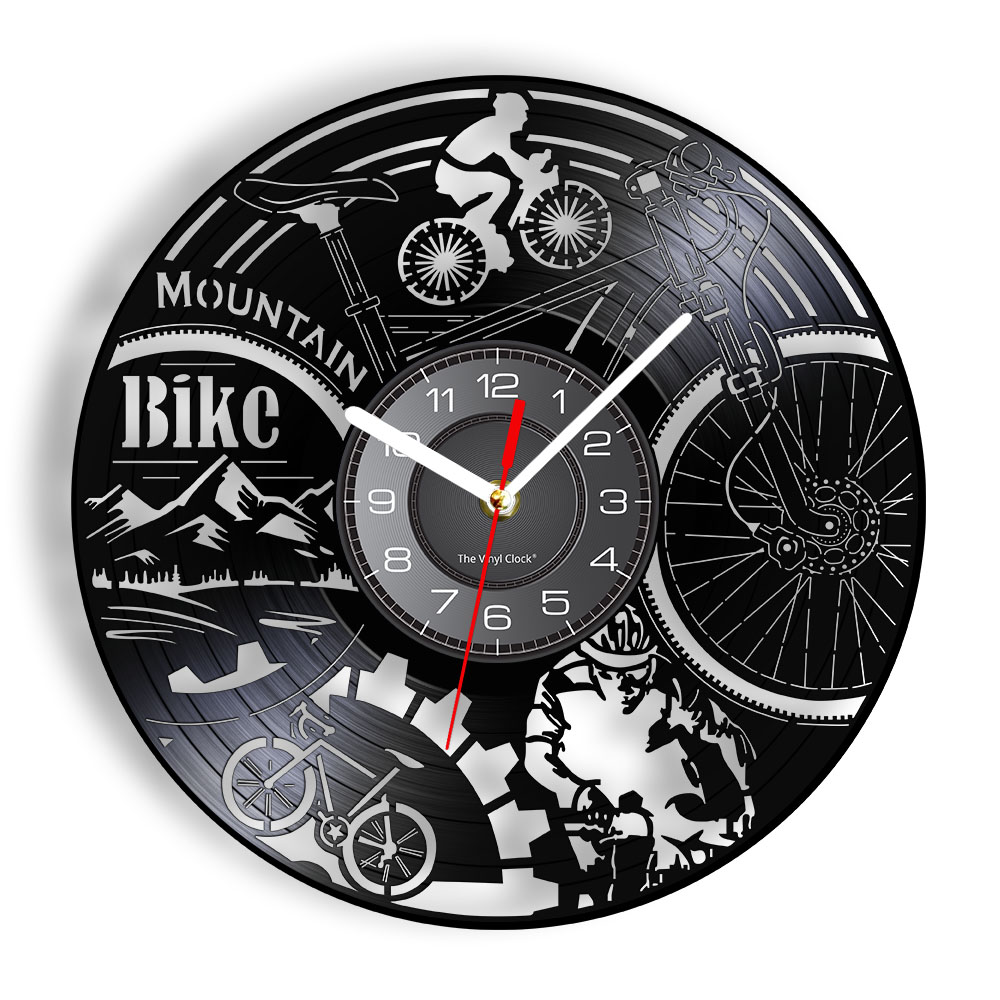 Mountain Bike Vinyl Record Wall Clock Mountain Biking Black Retro Wall Art Home Decor Silent Wall Watch Adventure Bicycle: Without LED