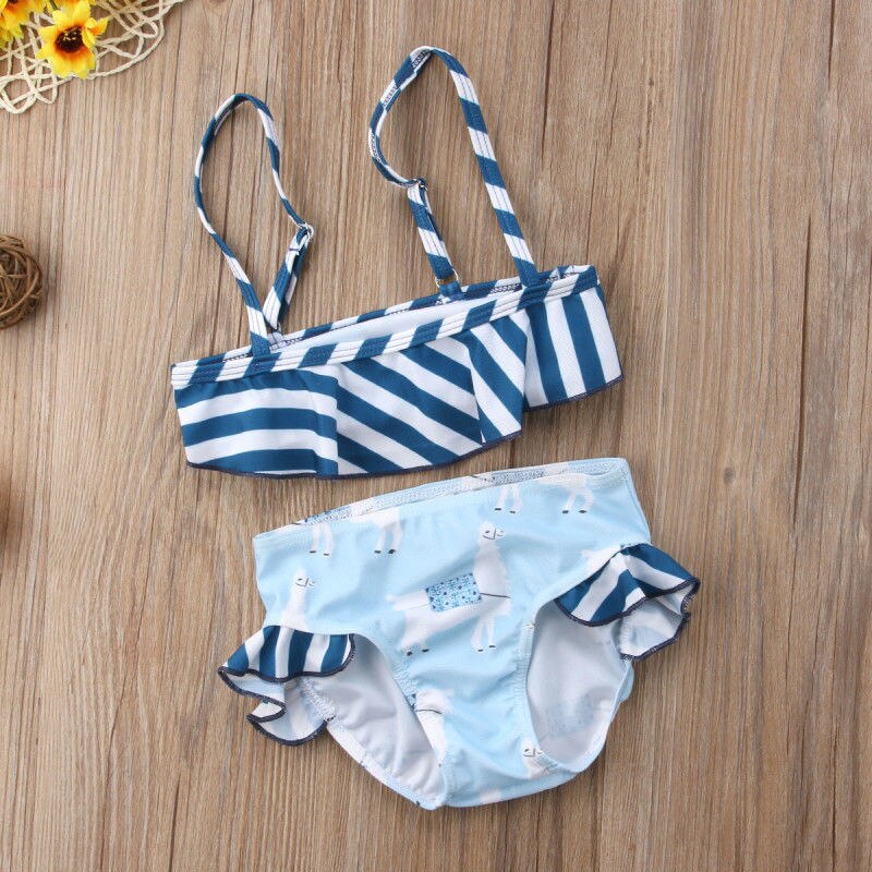 Newborn Baby Girls Summer Swimsuit Cute Cartoon Alpaca Striped Toddler Kids Bikini Set Cute Baby Swimwear Bathing Swimsuit