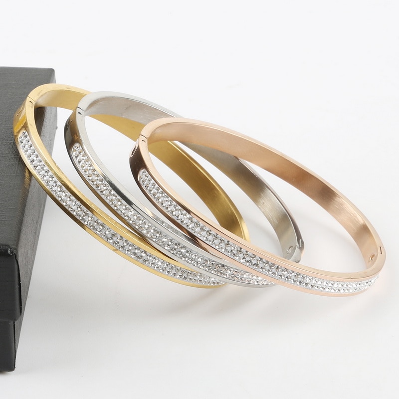 Joyería de 3 colores oro rosa plata dos filas de diamantes de imitación de cristal pavimentan pulseras de acero inoxidable brazaletes para mujeres de niña