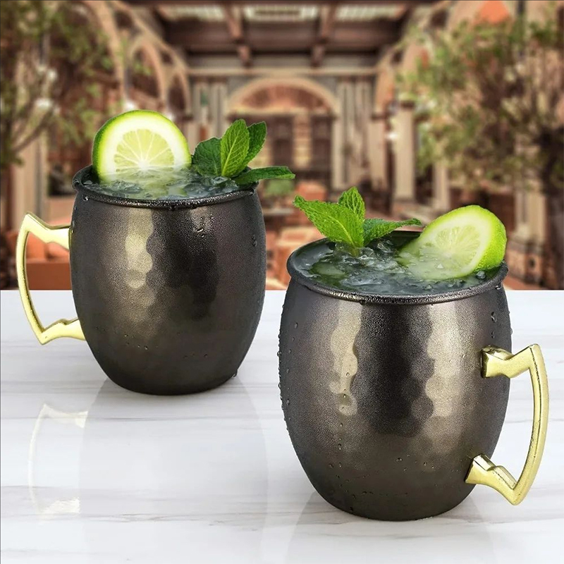 4Pcs Stainless Steel Hammered Point Cocktail Mug Non-Slip with Gold Handle Drum Mug for Home and Bar Drinking Mule Mugs